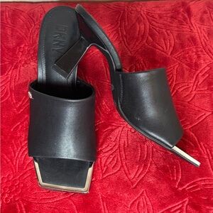 DKNY Black Heeled Mules with Silver Accent